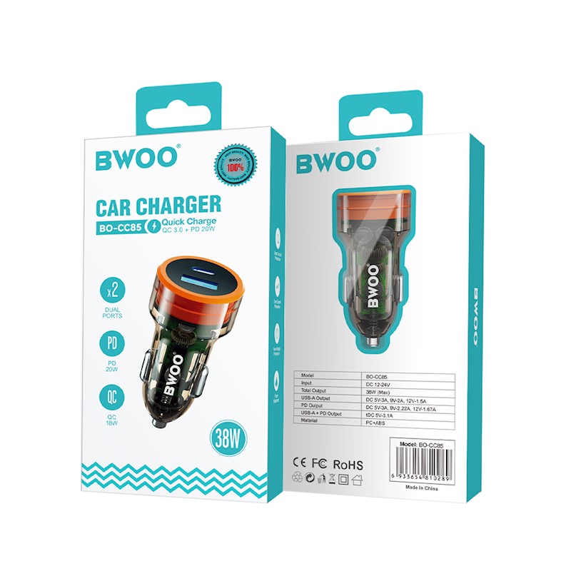 BWOO PD CAR CHARGER 1X USB-C-USB-A PORT 38W TRANSPARENT